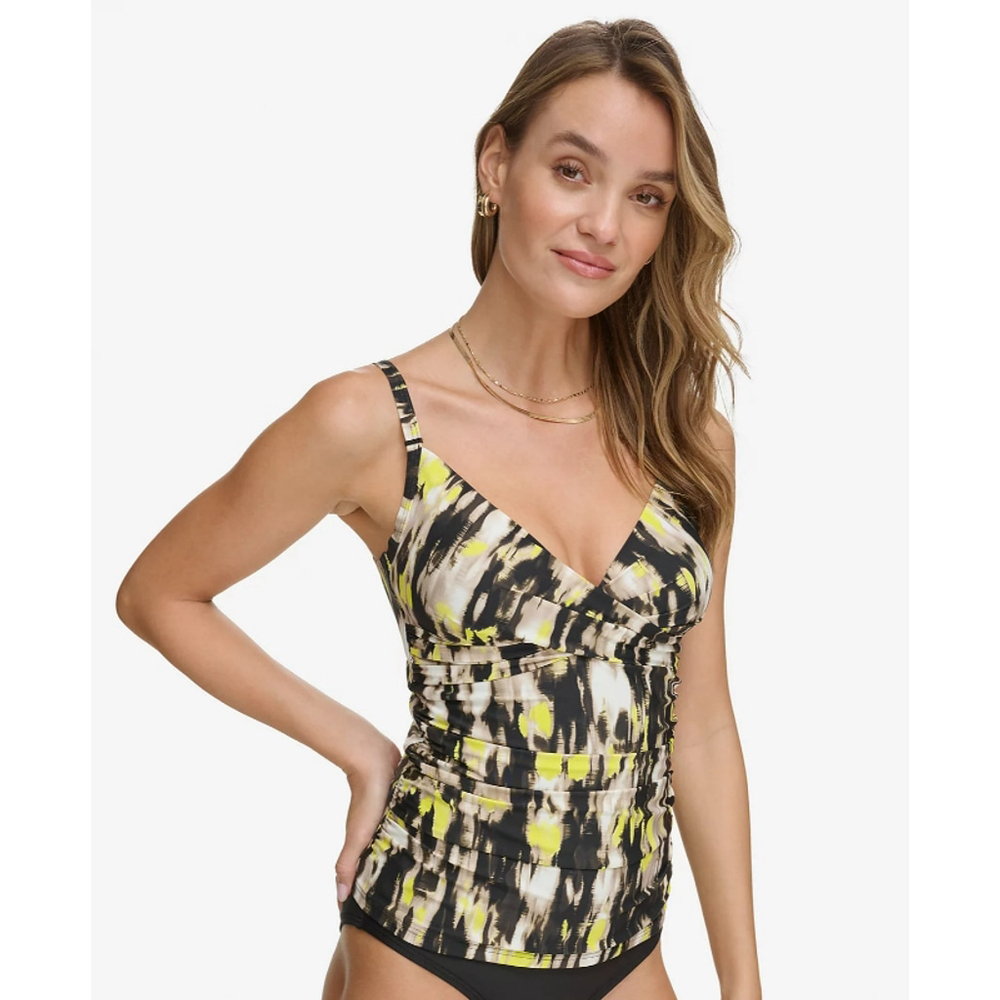 DKNY Women's Extra Large Yellow Multicolor Twist-Front Tankini Swim Top NWT